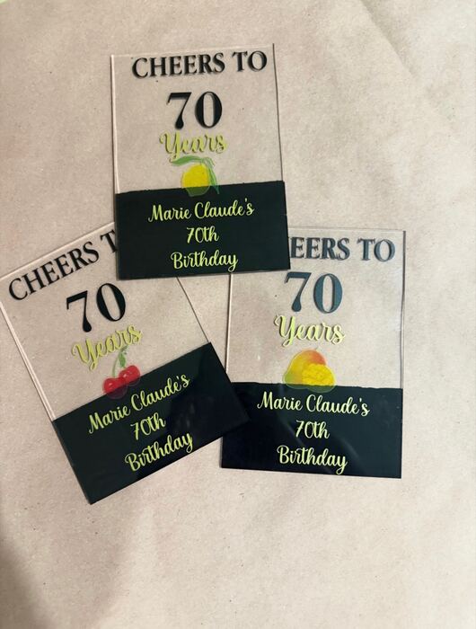 Clear acrylic Cheers to 70 Years birthday favor tags