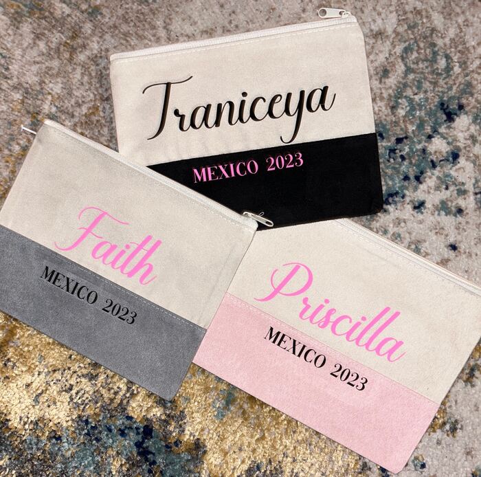 Personalized canvas zipper pouches with names in pink and black