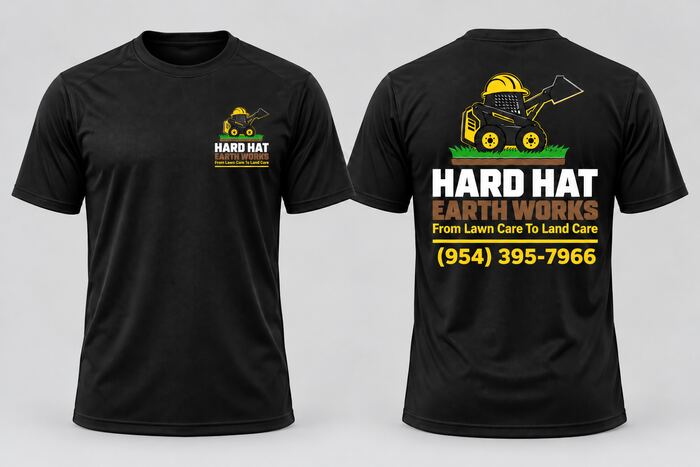 Black t-shirts printed with a landscaping company logo on the front and back